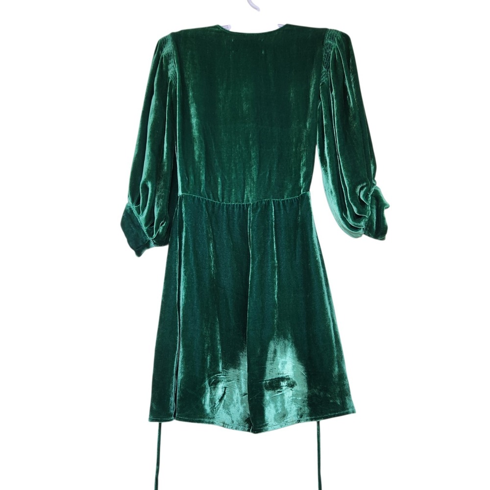 Reformation Size XS Emerald Green Velvet Wrap Mini Dress‎ 3/4 Sleeve Burnout - Picture 5 of 13